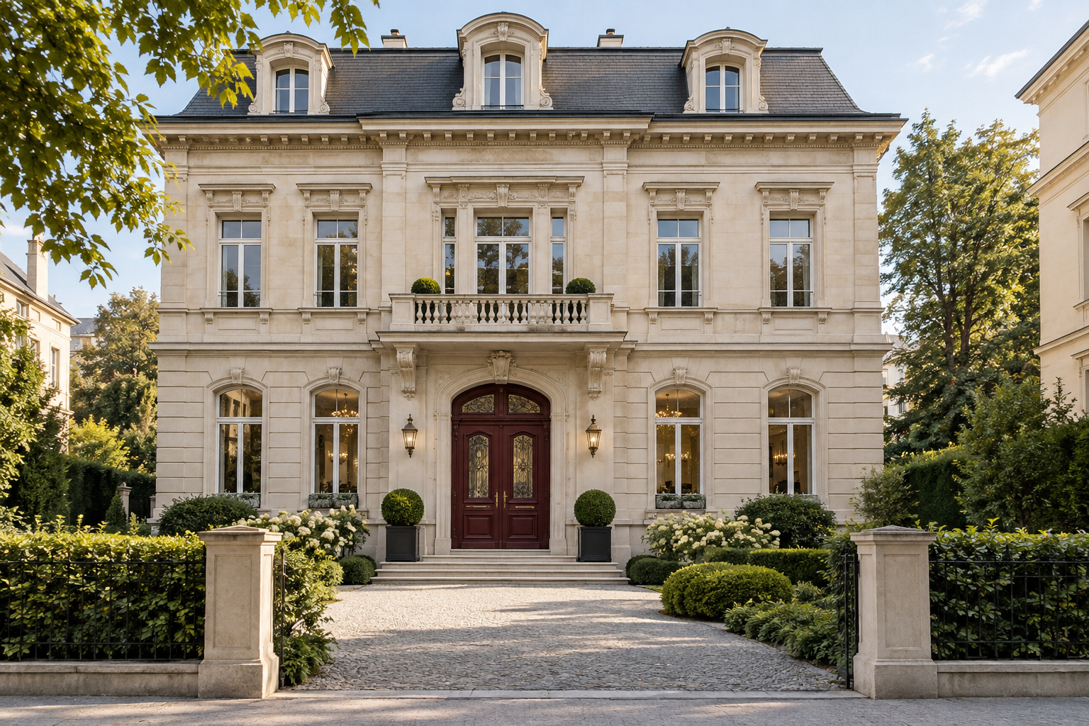 Elegantes Stadthaus mit bordeauxrotem Portal und heller Natursteinfassade